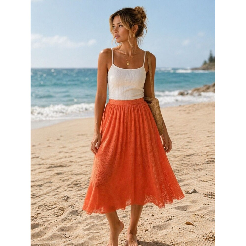 Junee Orange Mesh Pleated Midi Skirt Size L | Flowy Beachy Statement Skirt